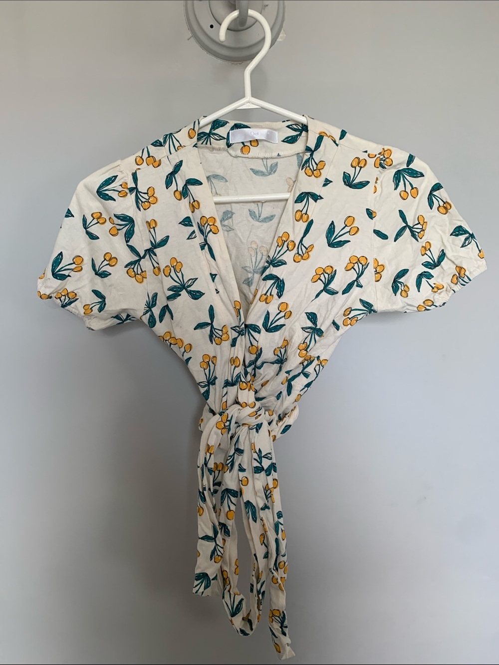 Crop Cream Floral Tie-Front Blouse with Yellow Cherry Print